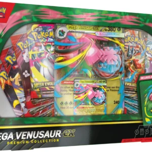 La Colección Prémium Mega-Venusaur ex trae a este imponente Pokémon con una habilidad única que cambiará tus partidas. ¡Energía solar de Mega-Venusaur ex!